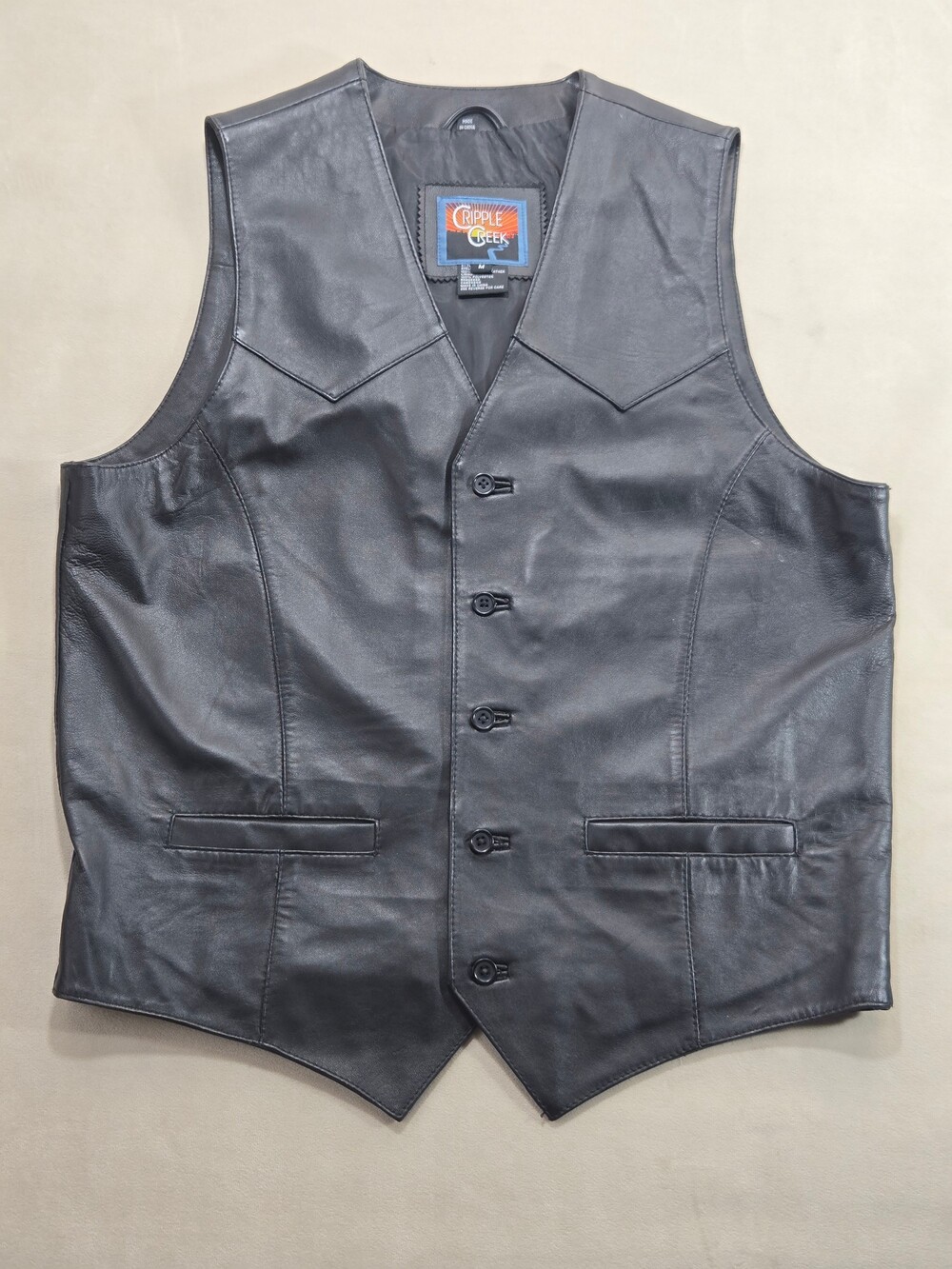 Cripple Creek Mens M Black Genuine Leather Western Vest Button Front Pockets